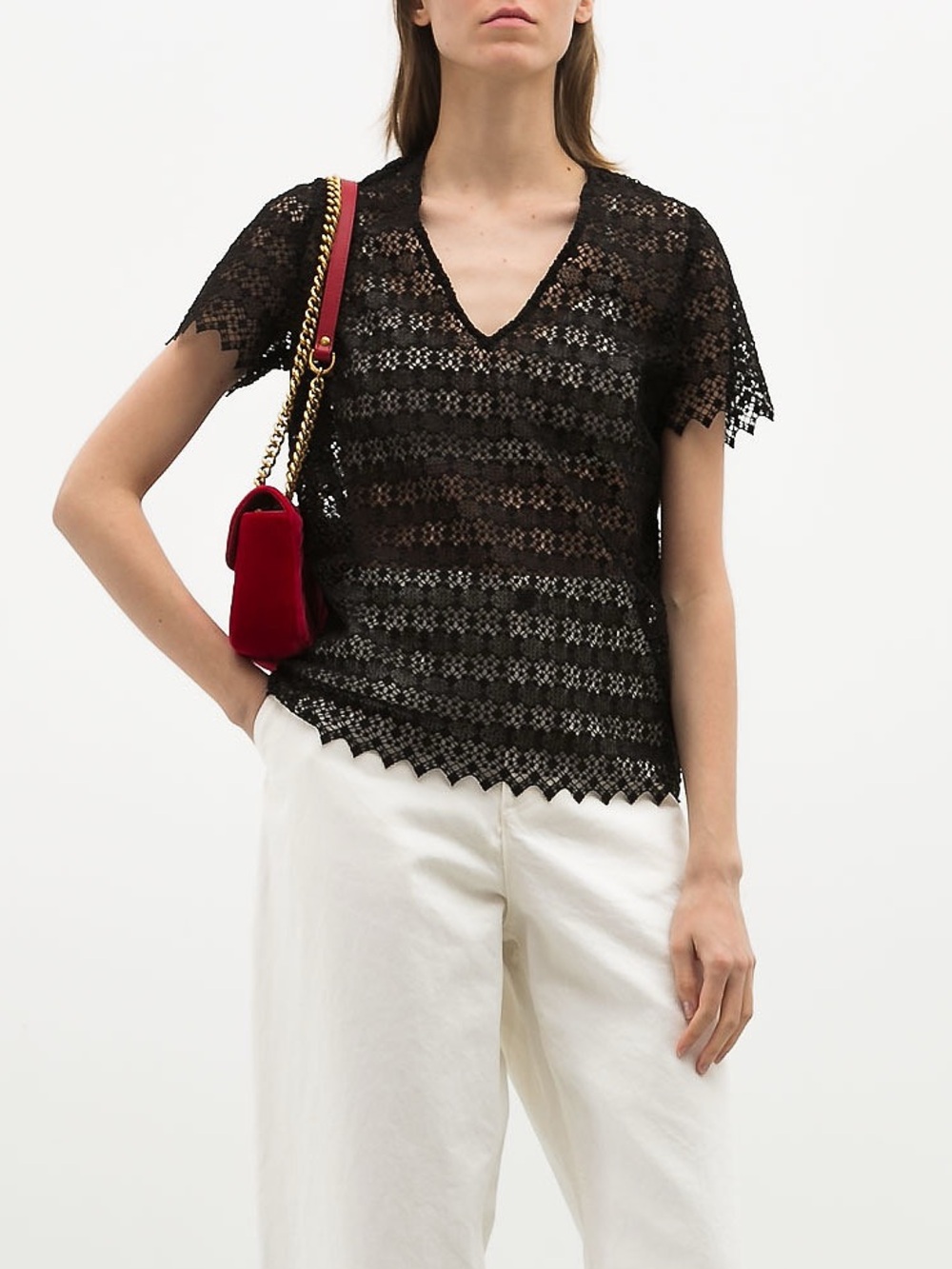 Sandro Black Lace V-Neck Short Sleeve Top